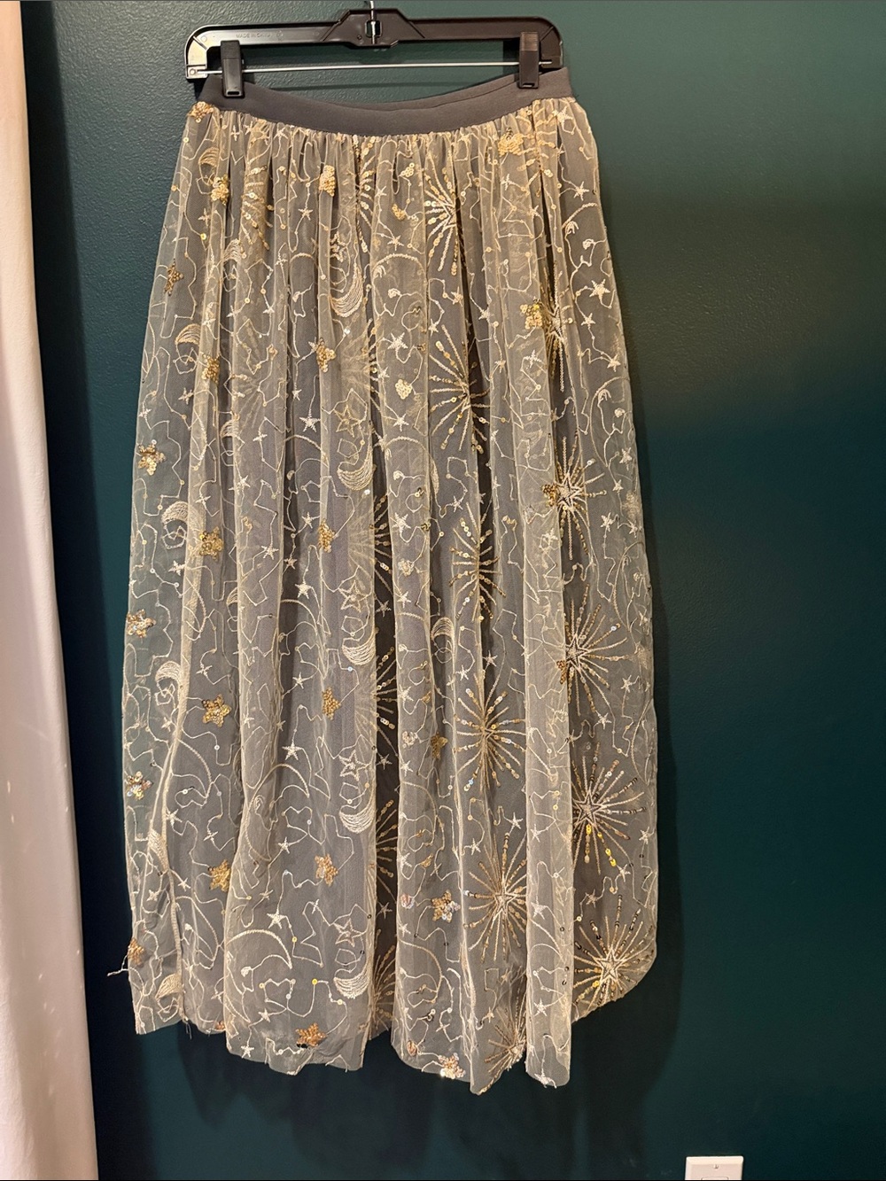 Chicwish Gray Tulle Maxi Skirt with Gold Star Embroidery